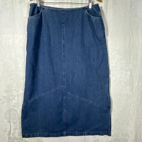 Vintage Dresses & Skirts - Vintage Denim Maxi Skirt 16 Blue Jean Side Slits Asymmetrical Cotton Modest